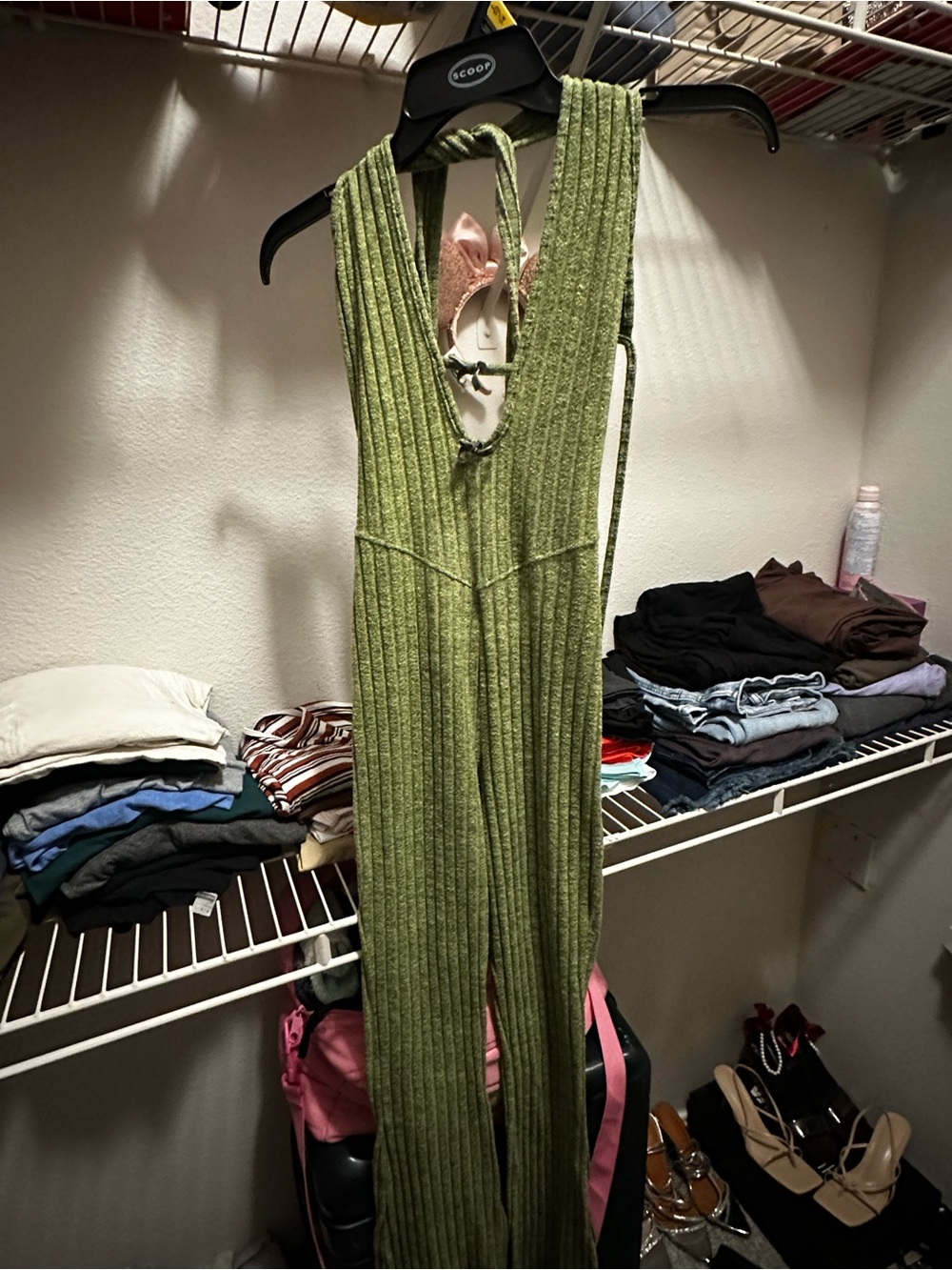 Olive Green Ribbed V-Neck Knit Jumpsuit